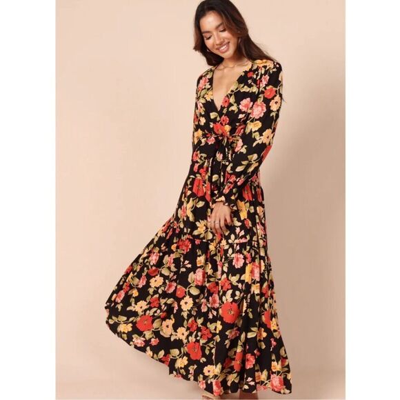 Petal & Pup RUANA MAXI DRESS BLACK FLORAL Long Sleeve Size XS Nwot - Picture 1 of 10
